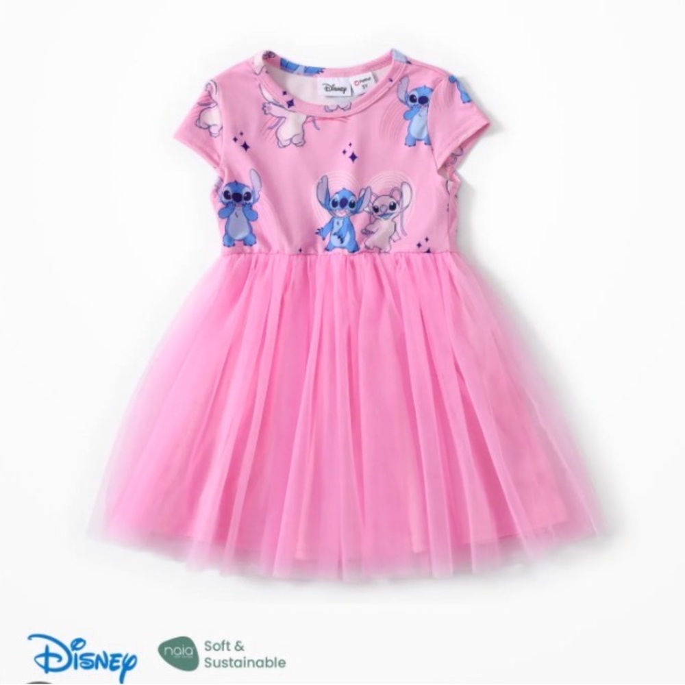 Disney Girl Stitch Short Sleeve Print Pink Tulle Mesh Dress, Size 2Y